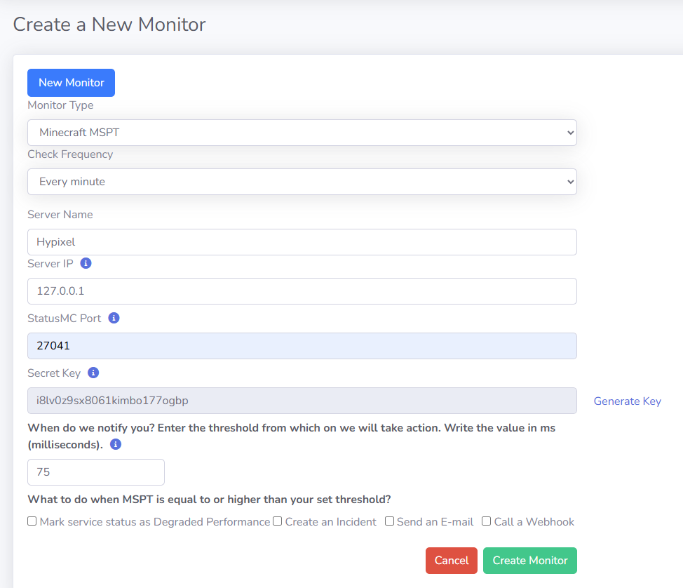 An image showcasing the GUI used for creating Minecraft TPS/MSPT monitors on StatusMC.