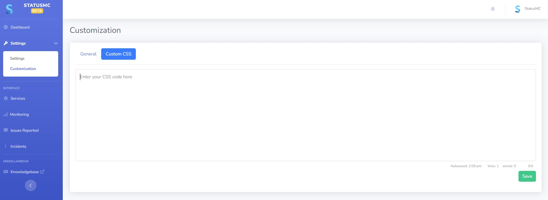 An image showing StatusMC's custom css field